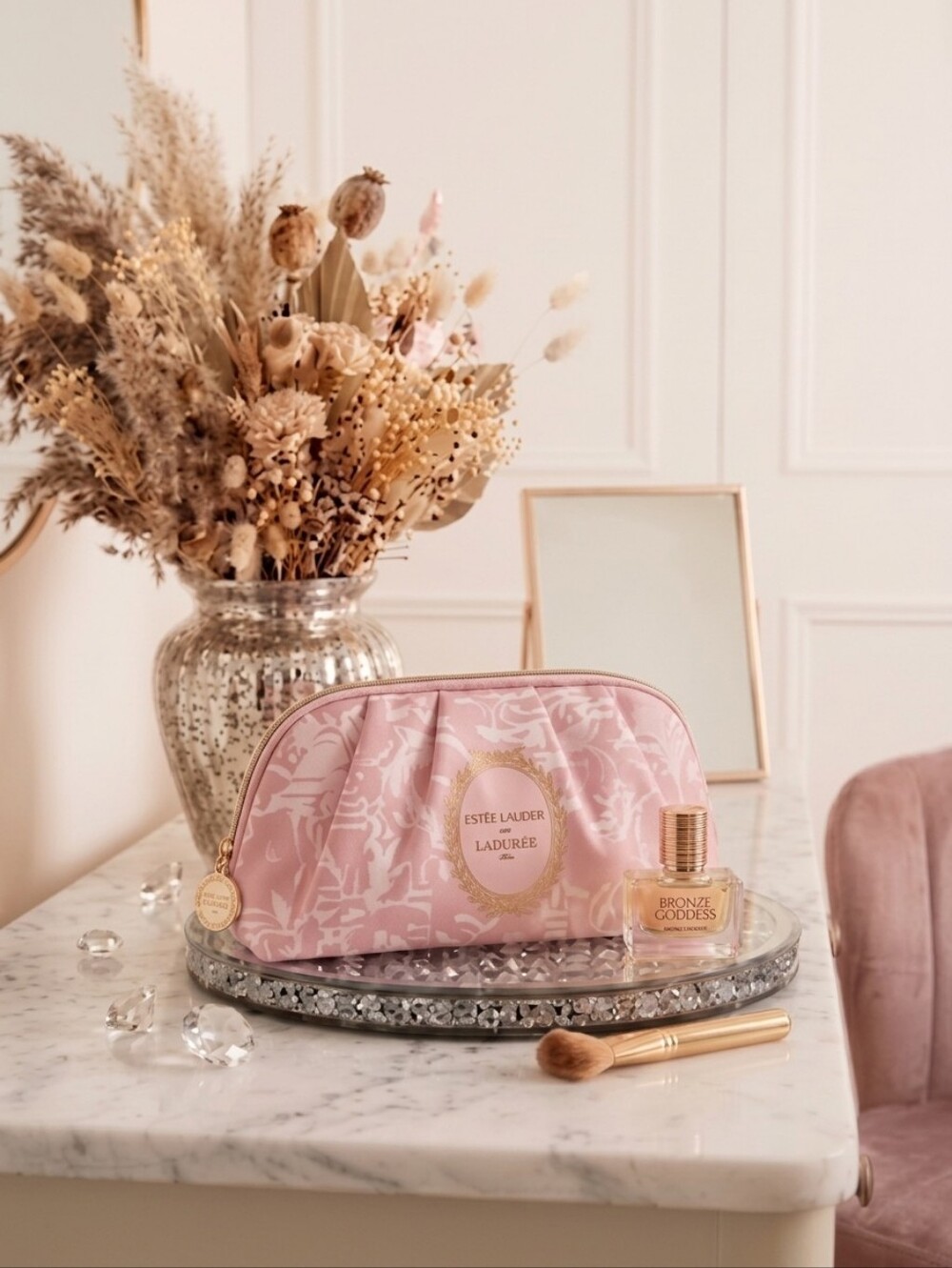 New Estee Lauder Bronze Goddnes Travel Size Perfume And Pink Cosmetic Bag Pouch